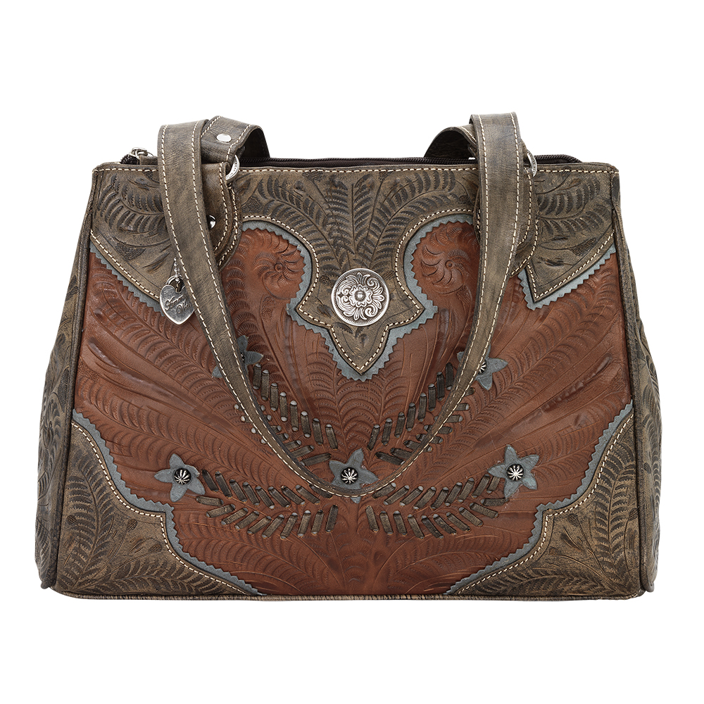5683471 Desert Wildflower Multi-compartment Organizer Tote, Antique Brown, Distressed Charcoal Brown & Sky Blue