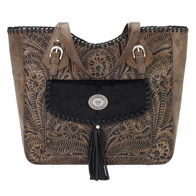 1883965 Annies Secret Collection Large Zip Top Tote With Secret Compartment, Distressed Charcoal Brown & Black Hair