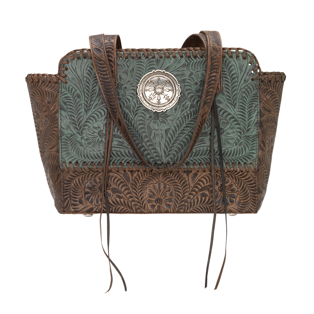 8778564c Annies Secret Collection Zip Top Tote With Secret Compartment, Turquoise & Distressed Charcoal Brown