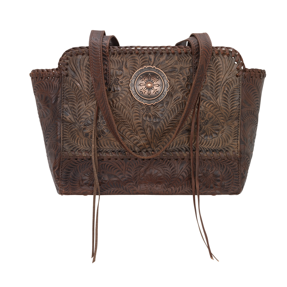 8783564c Annies Secret Collection Zip Top Tote With Secret Compartment, Distressed Charcoal Brown & Chestnut Brown