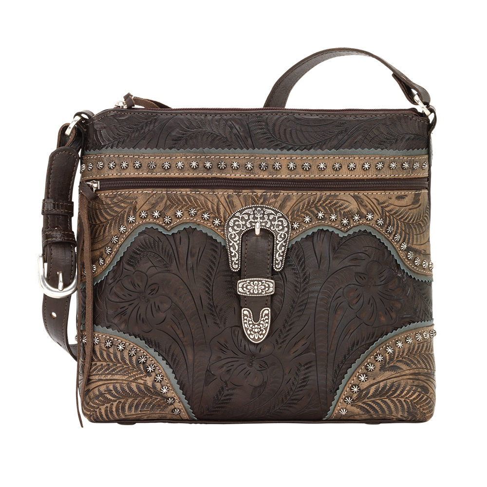 2650170 Saddle Ridge Zip Top Shoulder Bag, Chocolate, Distressed Charcoal Brown & Turquoise