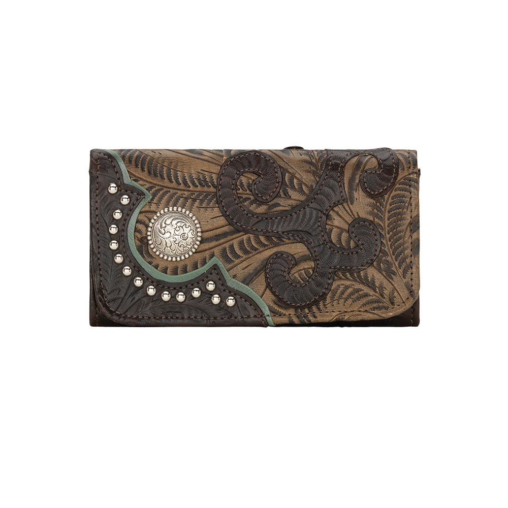 8950282 Annies Secret Collection Ladies Tri-fold Wallet, Chocolate, Distressed Charcoal Brown & Turquoise