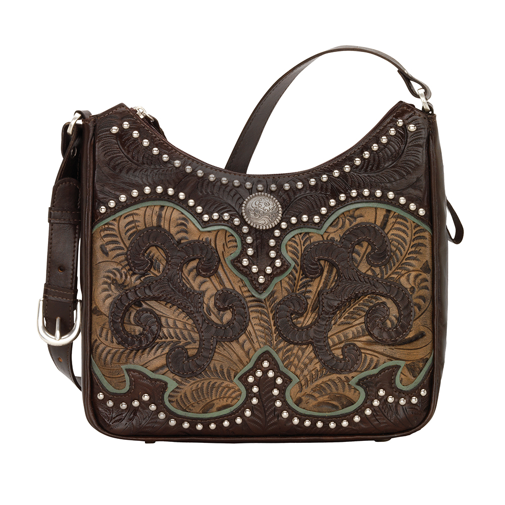 8950629 Annies Secret Collection Shoulder Bag With Secret Compartment, Chocolate, Distressed Charcoal Brown & Turquoise