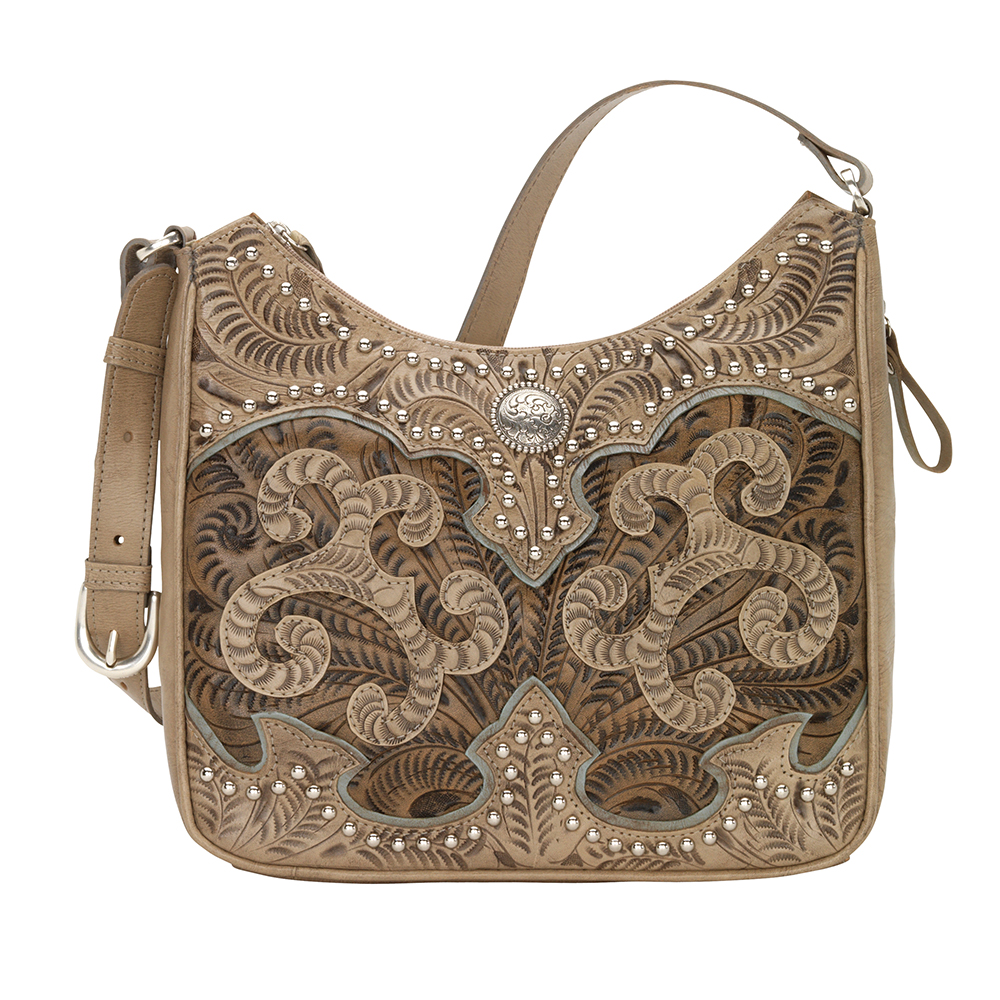 8952629 Annies Secret Collection Shoulder Bag With Secret Compartment, Sand, Distressed Charcoal Brown & Light Blue