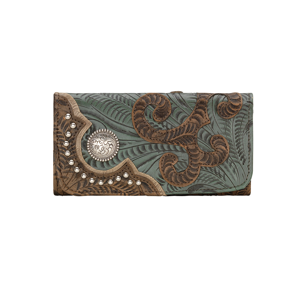 8983282 Annies Secret Collection Ladies Tri-fold Wallet, Distressed Charcoal Brown, Turquoise & Sand