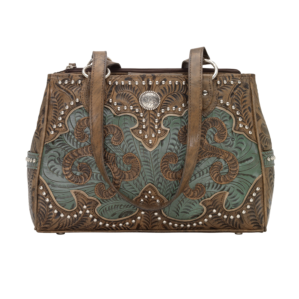 8983471c Annies Secret Collection Multicompartment Tote With Secret Compartment, Distressed Charcoal Brown & Turquoise & Sand