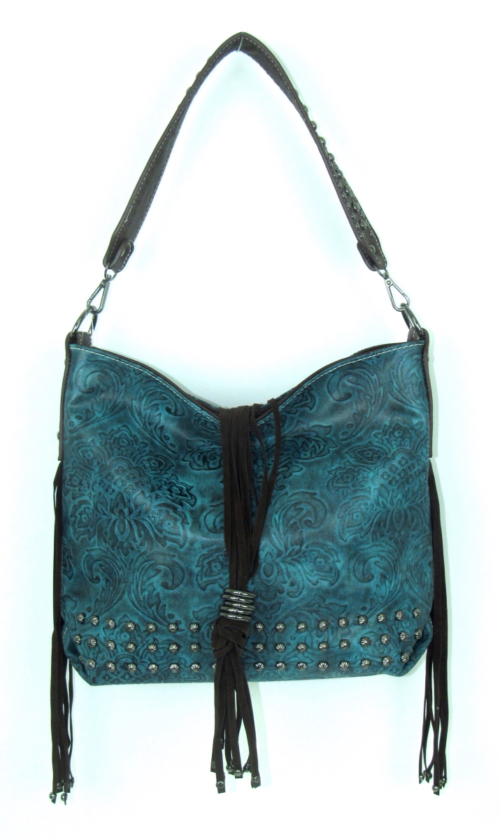 No.to-682 Tq Ladies Faux Leather Tooled Zip Handbag, Turquoise
