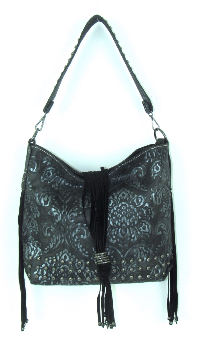 No.to-682 Pt Ladies Faux Leather Tooled Zip Handbag, Pewter