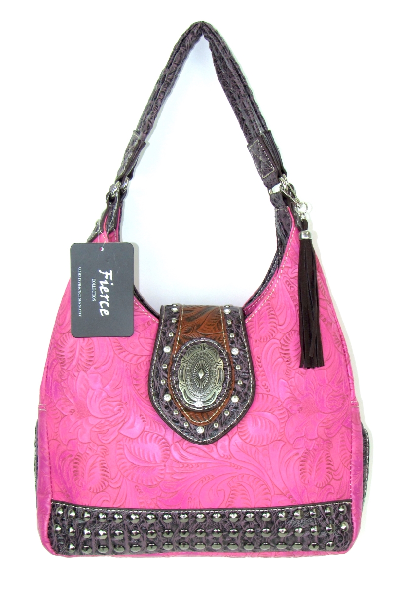 Tpc-680 Hpk Ladies Faux Leather Tooled Hobo Handbag, Hot Pink