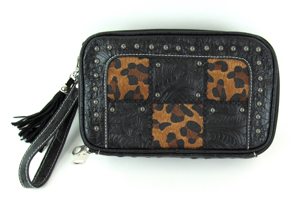 No.sqp-286 Bk-lp Ladies Faux Leather Hair-on Cosmetic Kit, Black & Leopard