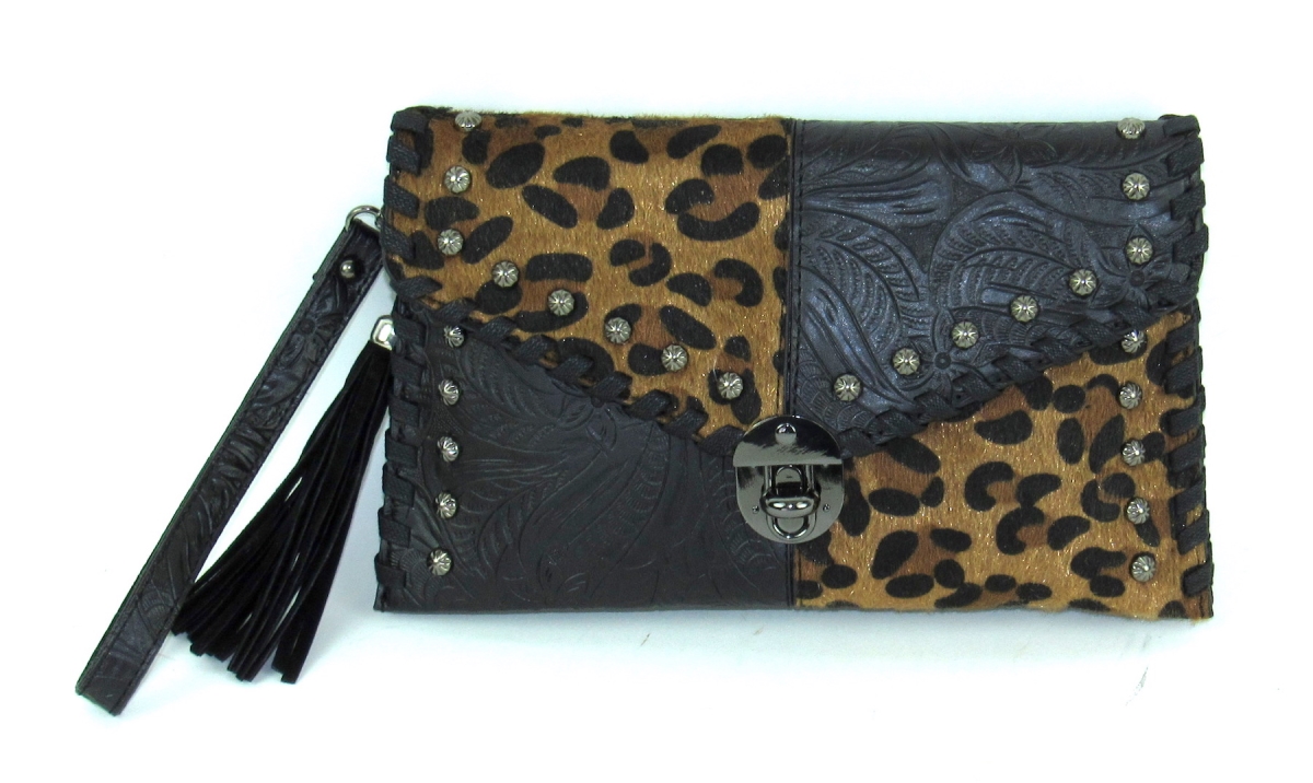 No.sqp-388 Bk-lp Ladies Faux Leather Hair-on Clutch Bag, Black & Leopard