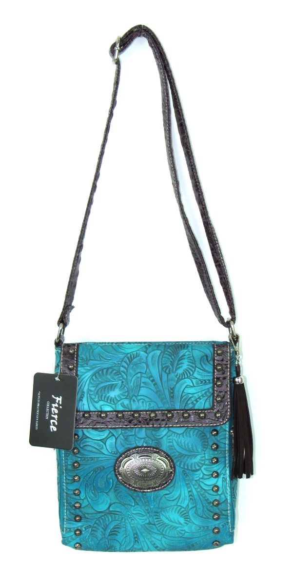 Tpc-665 Tq Ladies Faux Leather Tooled Croco Crossbody Bag, Turquoise