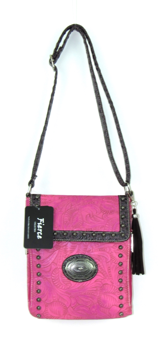 Tpc-665 Hpk Ladies Faux Leather Tooled Flap Crossbody Bag, Hot Pink