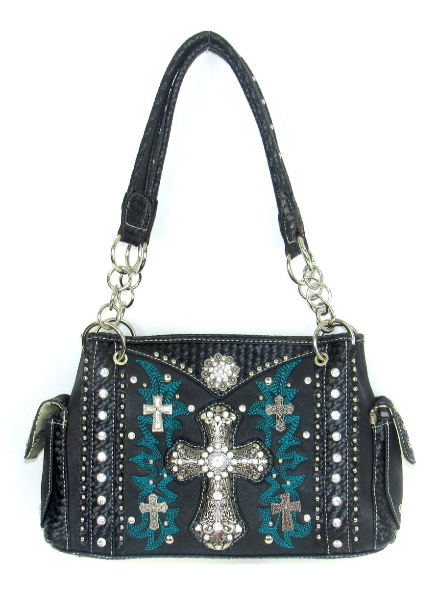Mt-893 Bk Faux Leather Cross Satchel Handbag With Embroidery - Black