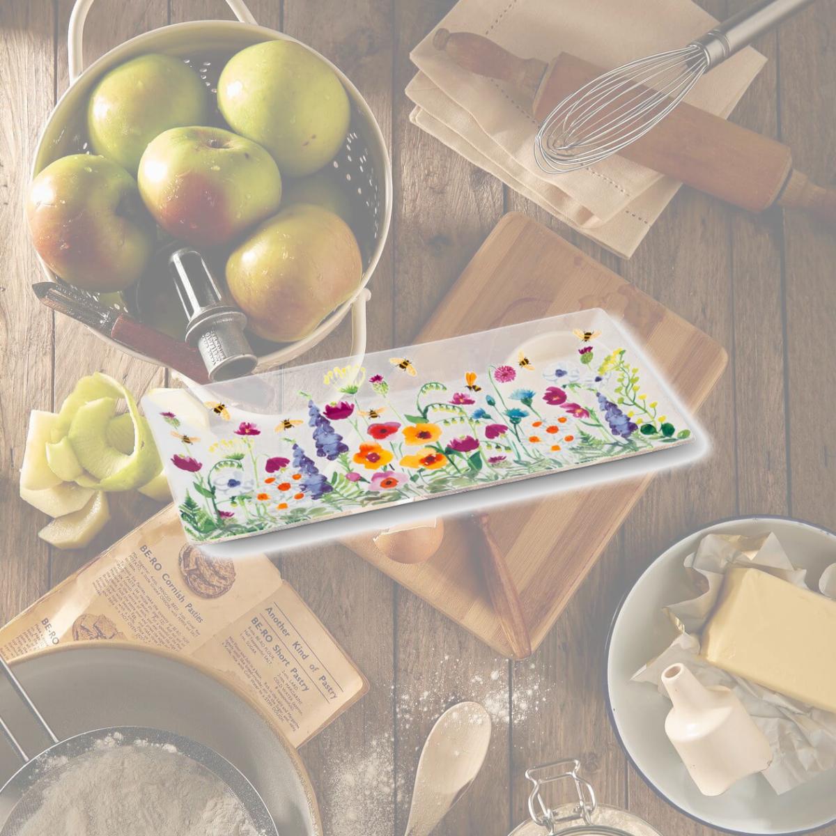 Picture of Abbott Collections AB-27-GARDEN-PLAT 4.5 x 12 in. Bees in The Garden Rectangular Platter, White & Multi Color
