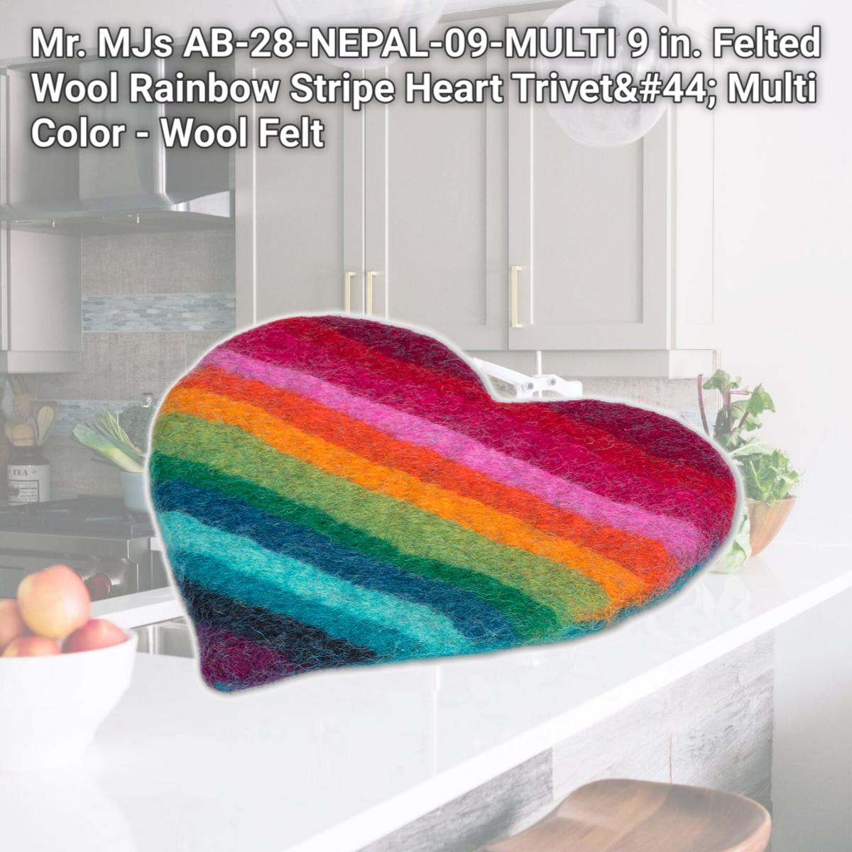 Picture of Mr. MJs AB-28-NEPAL-09-MULTI 9 in. Felted Wool Rainbow Stripe Heart Trivet, Multi Color - Wool Felt