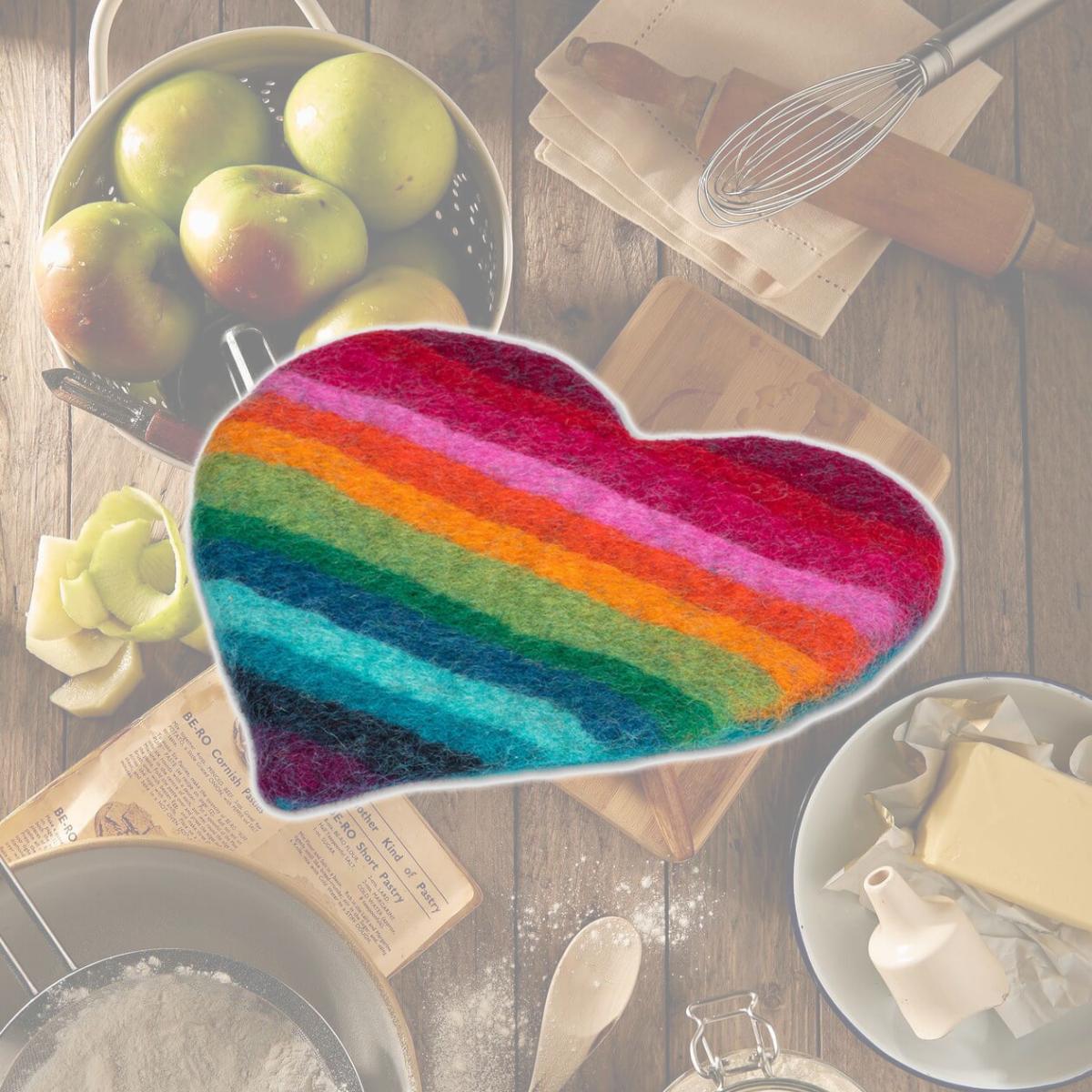 Picture of Mr. MJs AB-28-NEPAL-09-MULTI 9 in. Felted Wool Rainbow Stripe Heart Trivet, Multi Color - Wool Felt