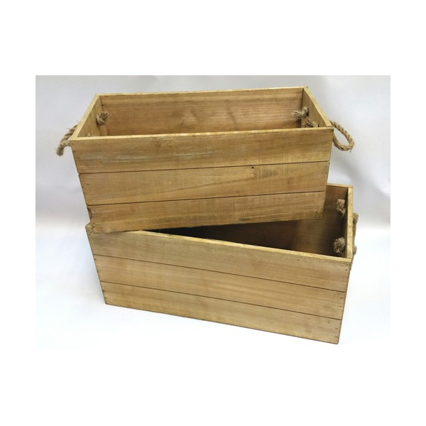 Set Of 2 Wood Containers With Rope Handles