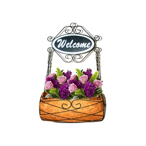 Cpq359w Hanging Planter With Coco Liner & Wooden Welcome Sign - Metal