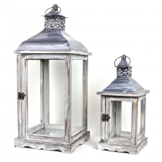 Country Style Old Wooden Candle Lanterns - Windproof Light Wrought ,set Of 2, Grey