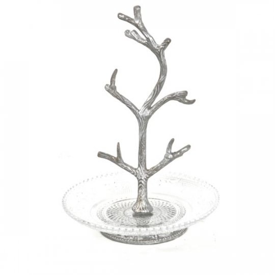 Lcd-026 Vintage Style, Jewelry Holder - Branch Tree Shape On Clear Plate, Silver