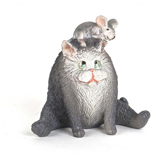 Sitting Cat Figurine With Little Mouse On Top