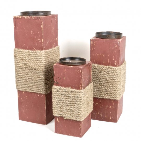 Tall Square Column Candle Holders With Rope Decor,washed Burgundy - Set Of 3