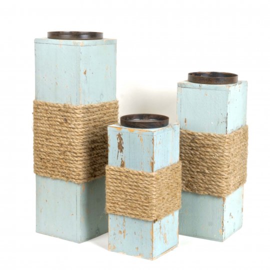 Tall Square Column Candle Holders With Rope Decor - Washed Blue - Set Of 3