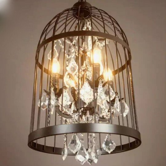 Pendant Lamp Cage Shaped On The Chain - Black - Iron Pothook Bar On Ceiling - Large
