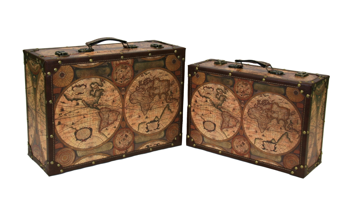 6.25 X 16.5 In. Decorative World Map Suitcase Set, Brown - 2 Piece