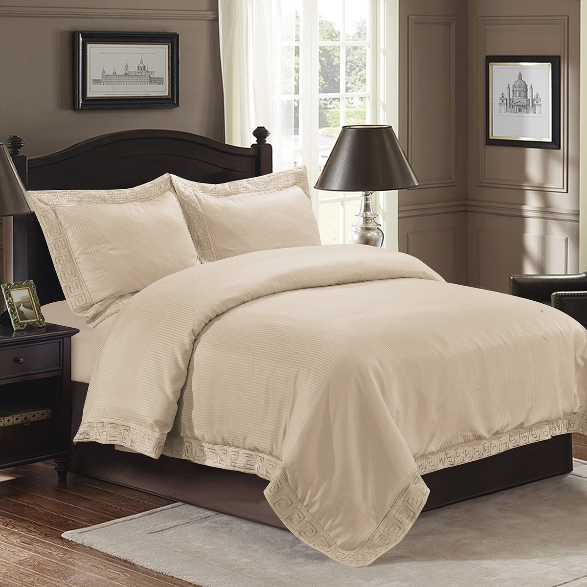 3 Piece Millano Embroidered Greek Key Duvet Set, Taupe - Queen Size