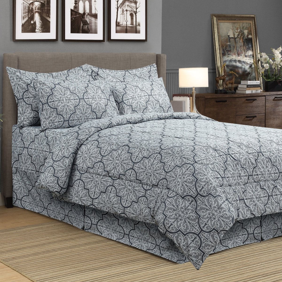 Sq-fe-dyngy-q08 8 Piece Dynasty Bed In A Bag Comforter Set, Grey - Queen Size