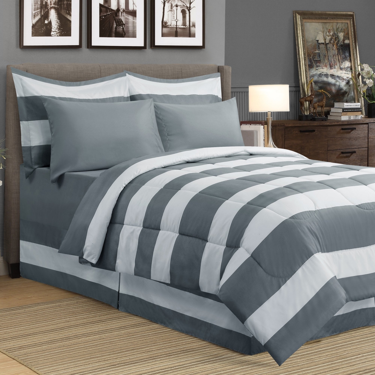 8 Piece Hamshire Bed In A Bag Comforter Set, Grey - Double Size