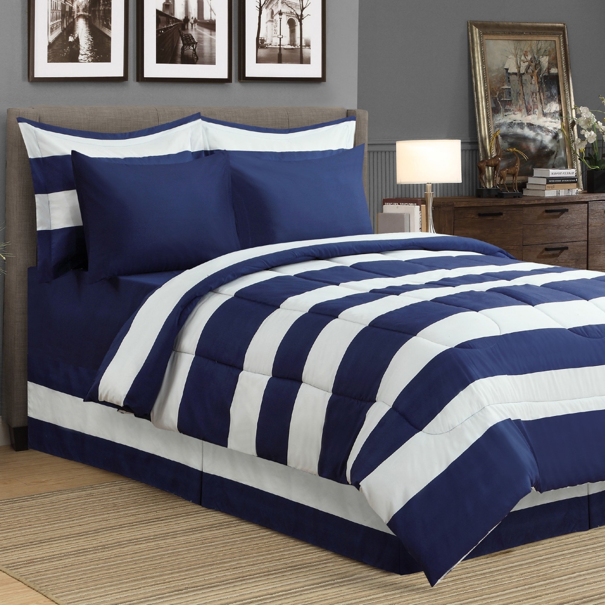 8 Piece Hamshire Bed In A Bag Comforter Set, Navy Blue - Double Size