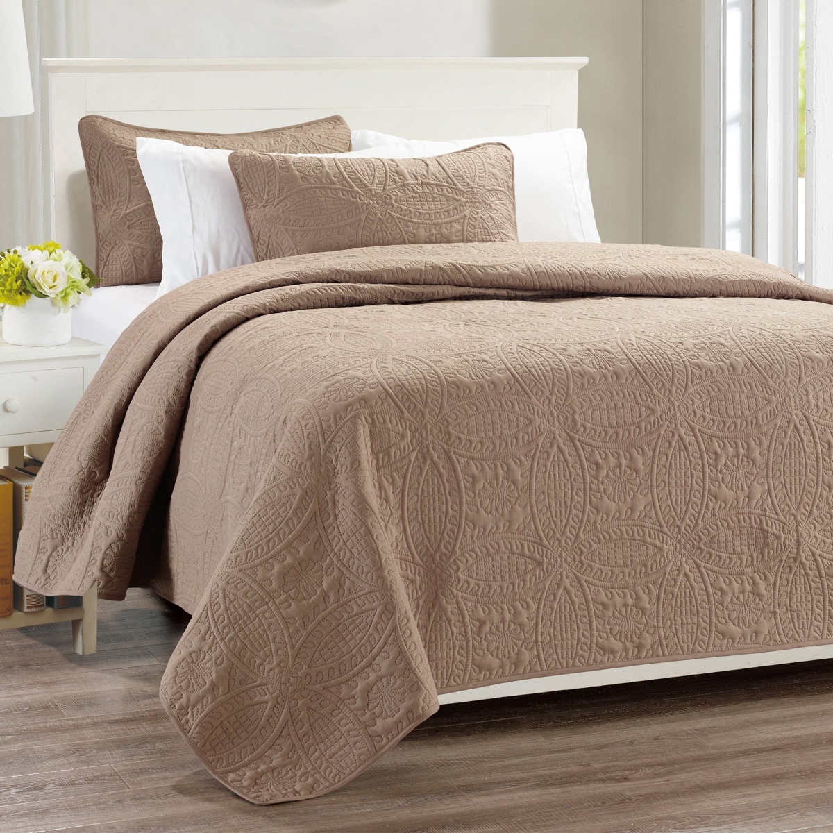 3 Piece Millano Chambrey Quilt Set, Taupe - King Size