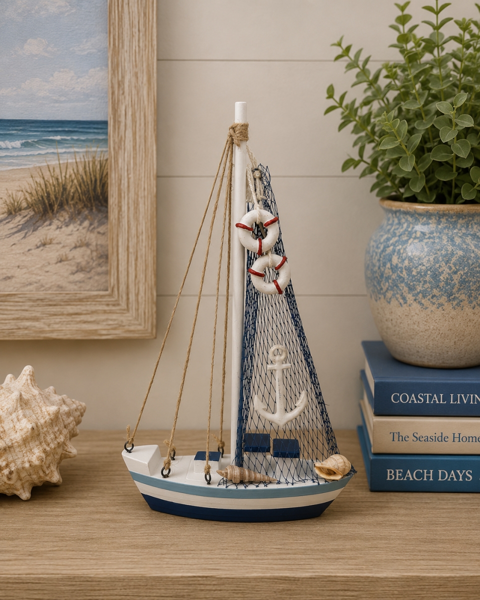 IG-N00.254 Wooden Sailboat With Netting And Nautical Accents Figurine