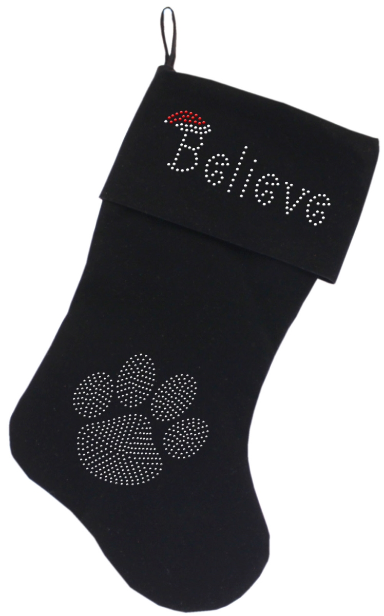 18 In. Believe Rhinestone Velvet Christmas Stocking For Dog, Black