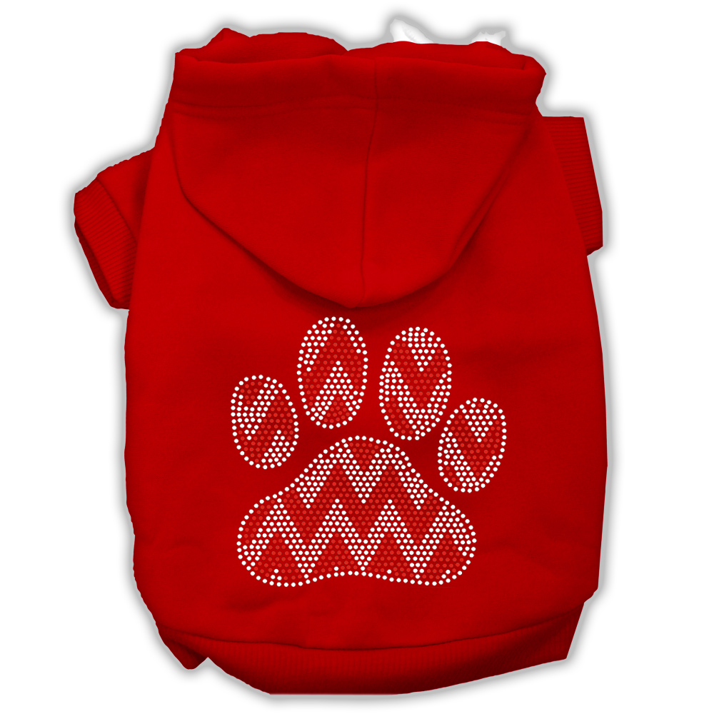 14 In. Candy Cane Chevron Paw Rhinestone Dog Hoodie, Red - Large