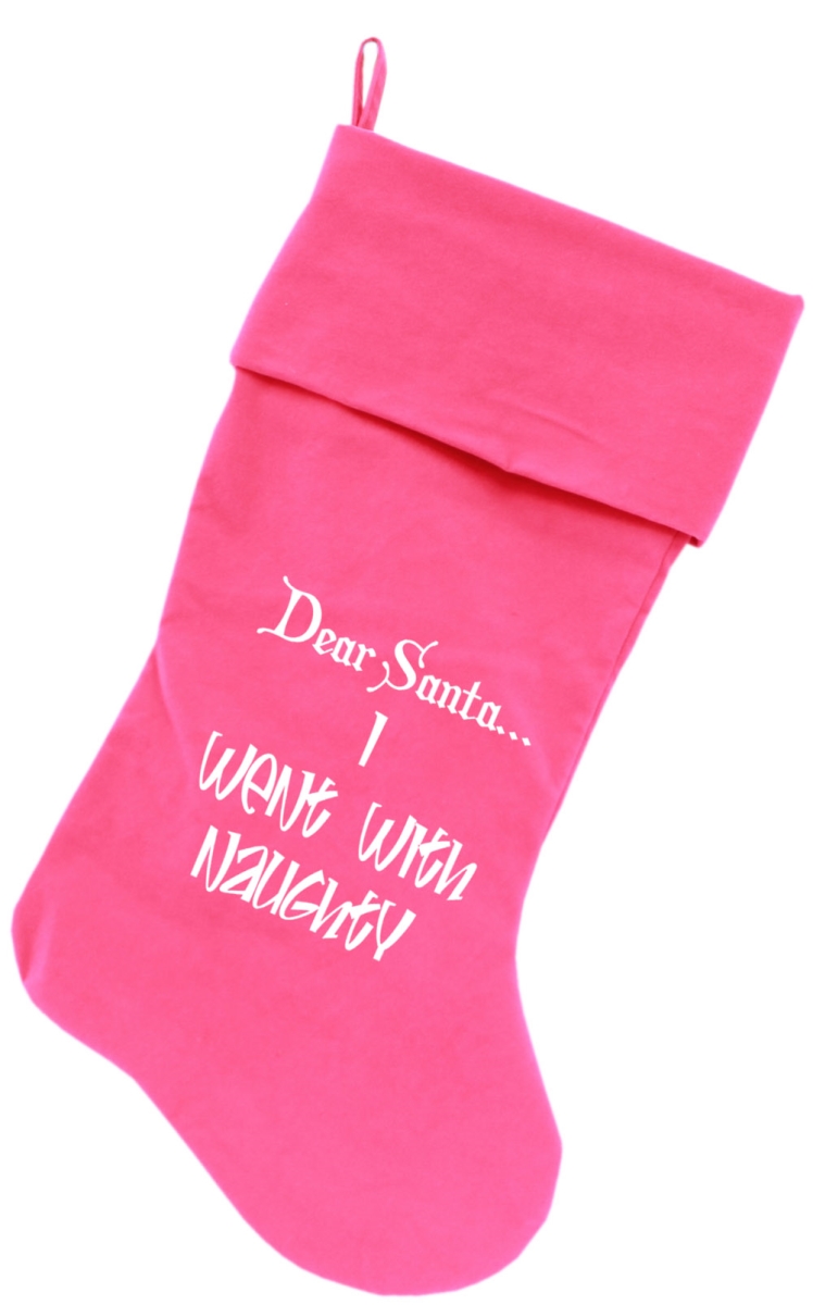 64-02 Pk 18 In. Went With Naughty Screen Print Velvet Christmas Stocking - Pink