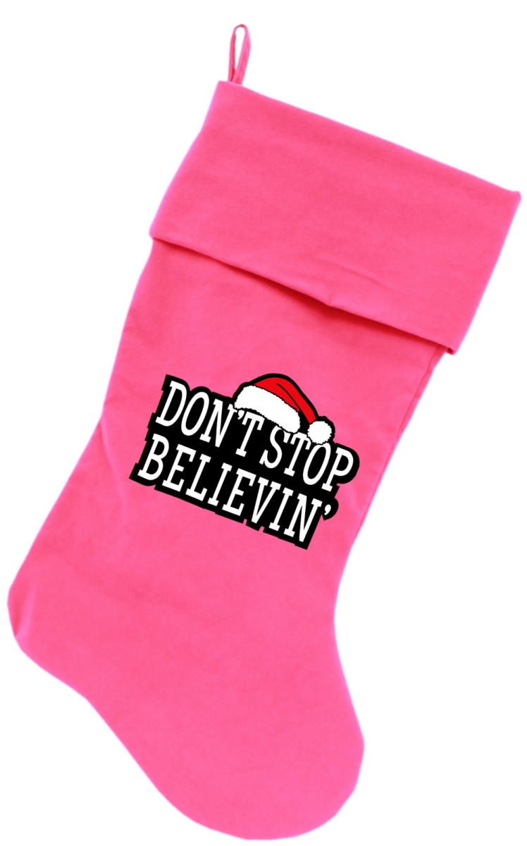 64-03 Pk 18 In. Dont Stop Believin Screen Print Velvet Christmas Stocking - Pink