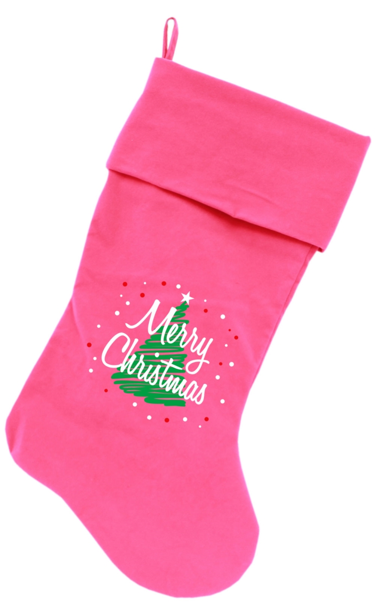 18 In. Scribbled Merry Christmas Screen Print Velvet Christmas Stocking - Pink