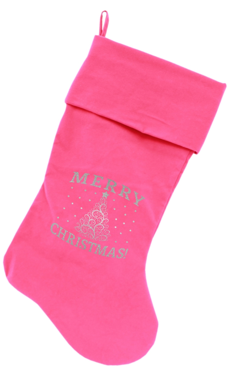 18 In. Shimmer Christmas Tree Screen Print Velvet Christmas Stocking - Pink