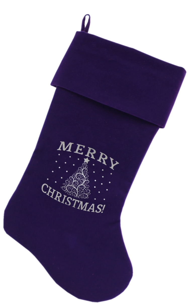 64-10 Pr 18 In. Shimmer Christmas Tree Screen Print Velvet Christmas Stocking - Purple
