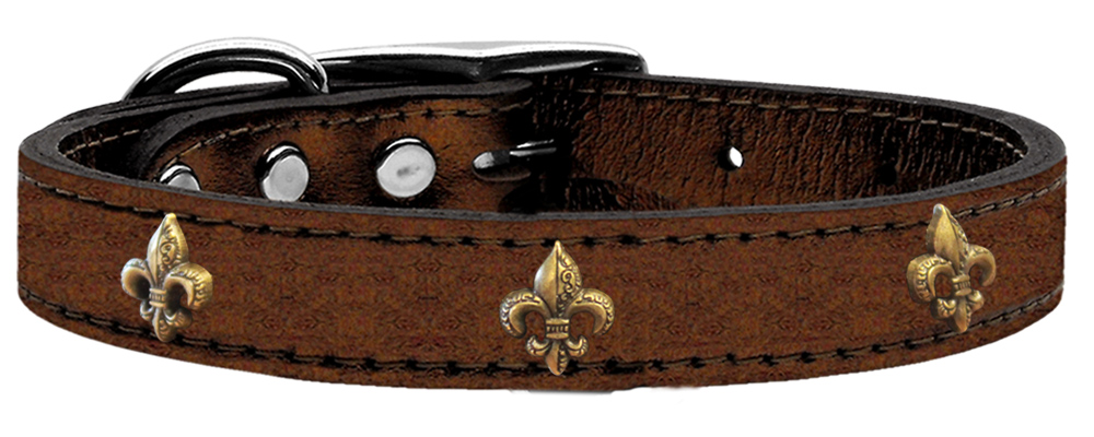 Bronze Fleur De Lis Widget Genuine Metallic Leather Dog Collar - Bronze, Size 14