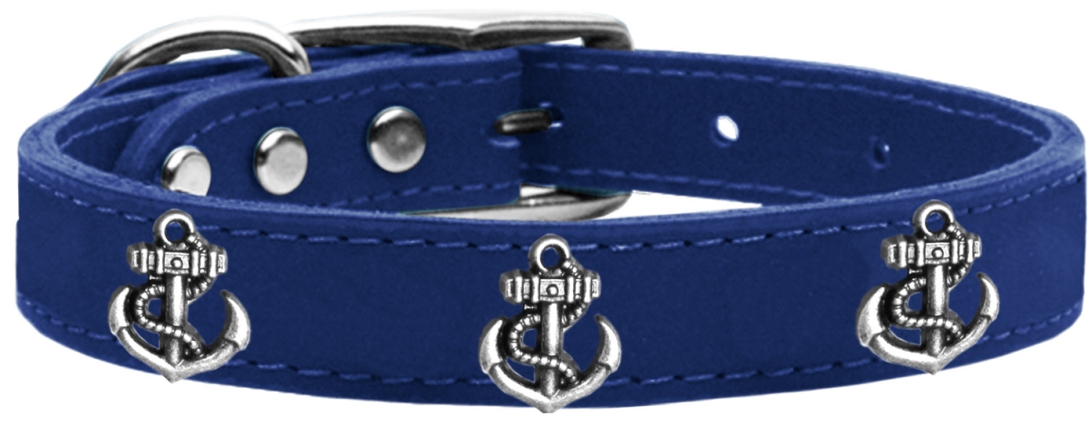 Silver Anchor Widget Genuine Leather Dog Collar, Blue - Size - Size 16