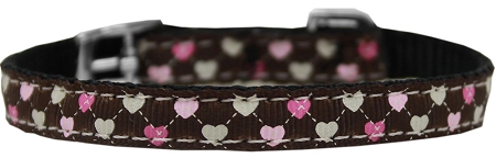 0.38 In. Argyle Hearts Nylon Dog Collar With Classic Buckle, Brown - Size 8