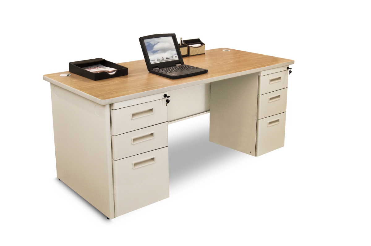 Pdr6630dp-b-b-ut-okpu 66w X 30 D Double Full Pedestal Desk, Oak Laminate & Putty Finish