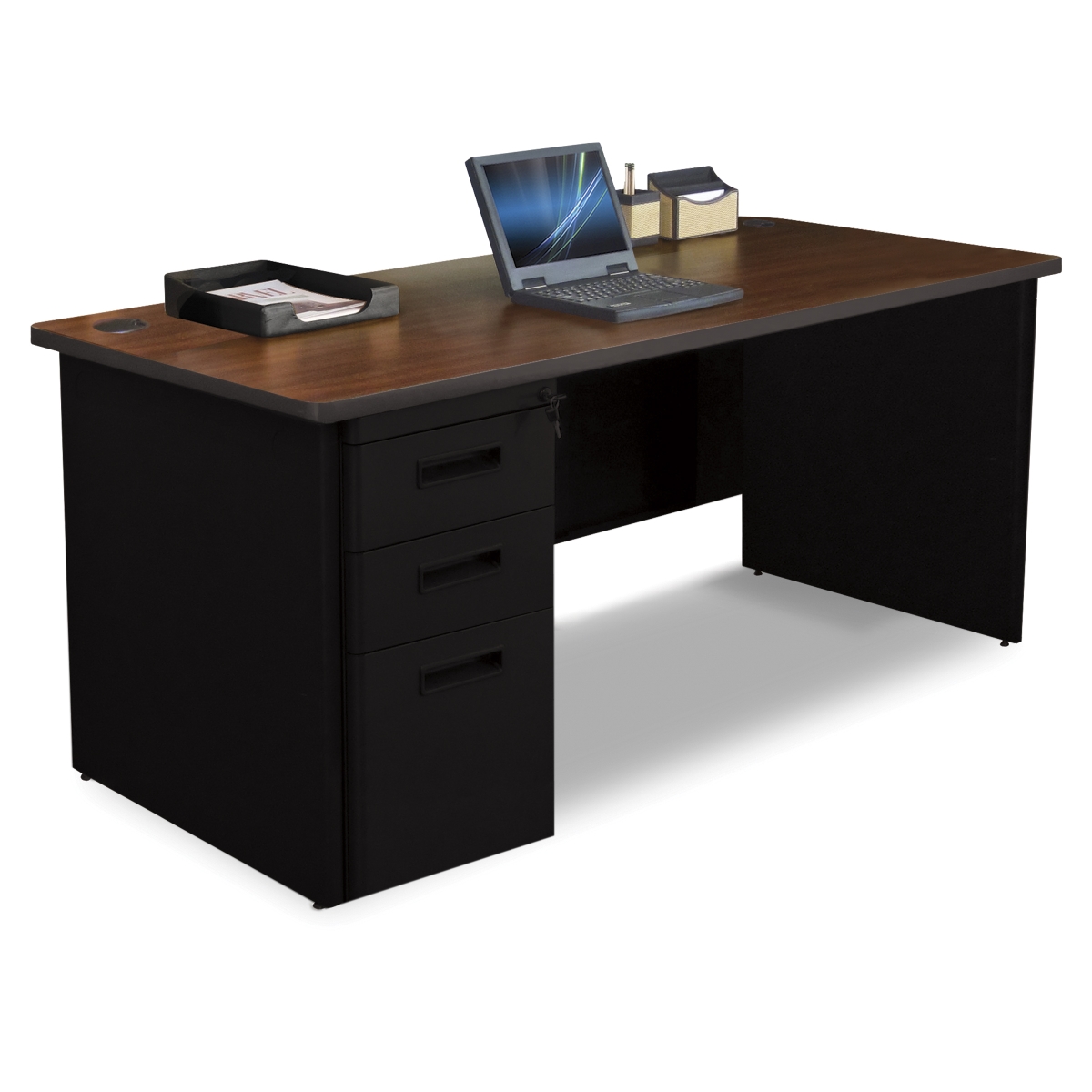 Pdr6630sp-b-bk-madn 66w X 30 D Single Full Pedestal Desk, Mahogany Laminate & Black Finish
