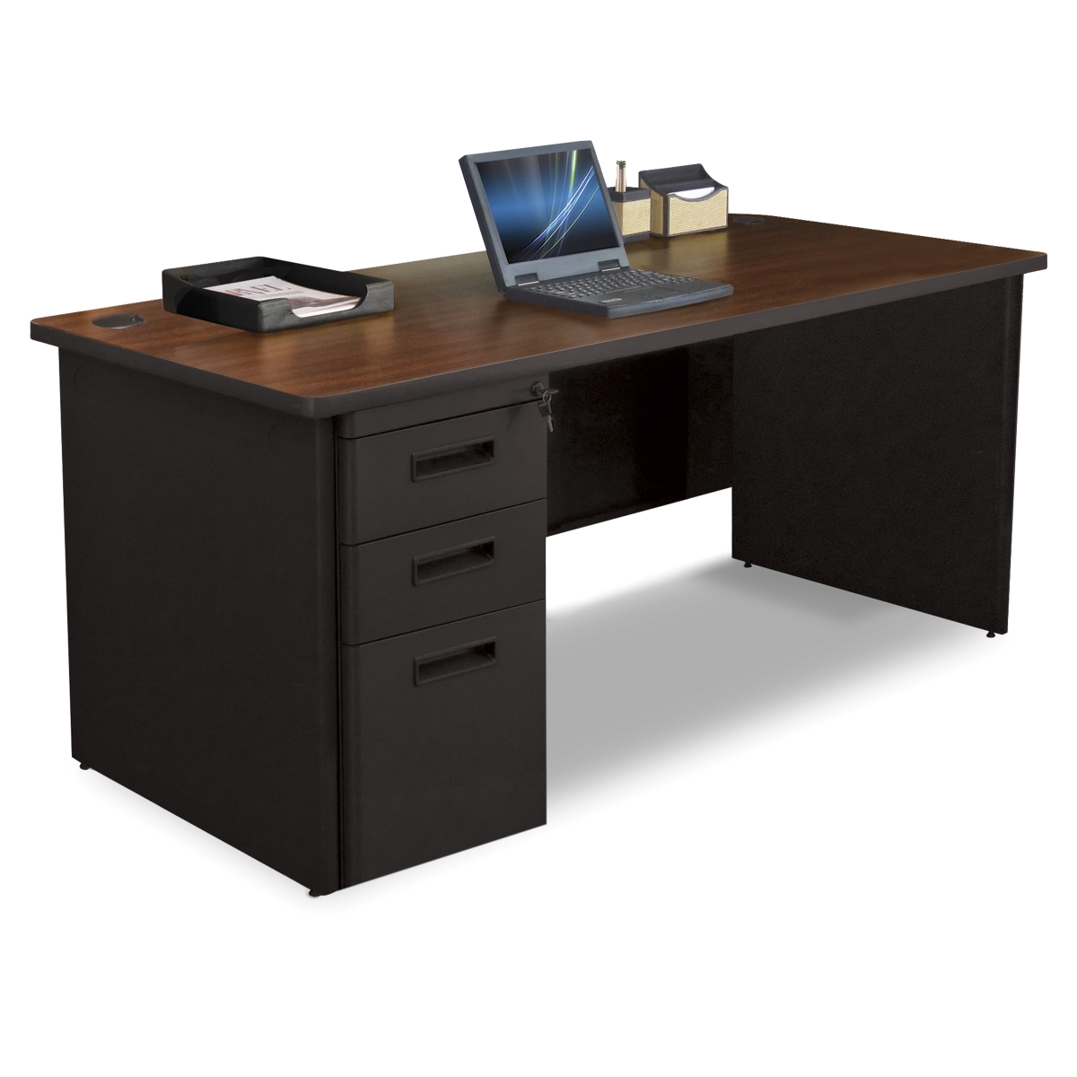 Pdr6630sp-b-dt-madn 66w X 30 D Single Full Pedestal Desk, Mahogany Laminate & Dark Neutral Finish