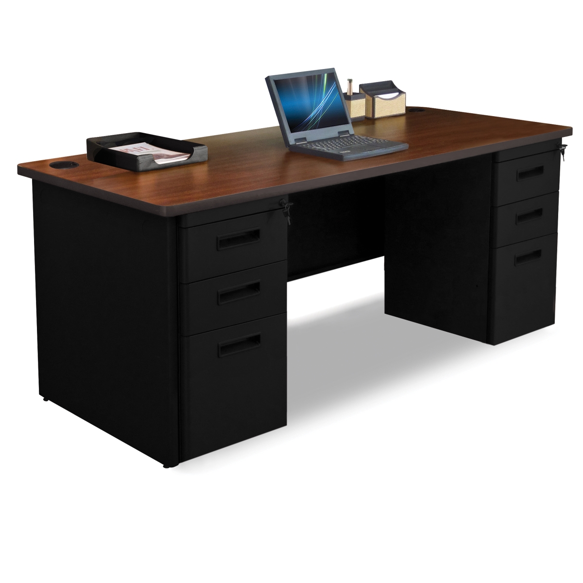 Pdr7230dp-b-b-bk-madn 72 W X 30 D Double Full Pedestal Desk, Mahogany Laminate & Black Finish